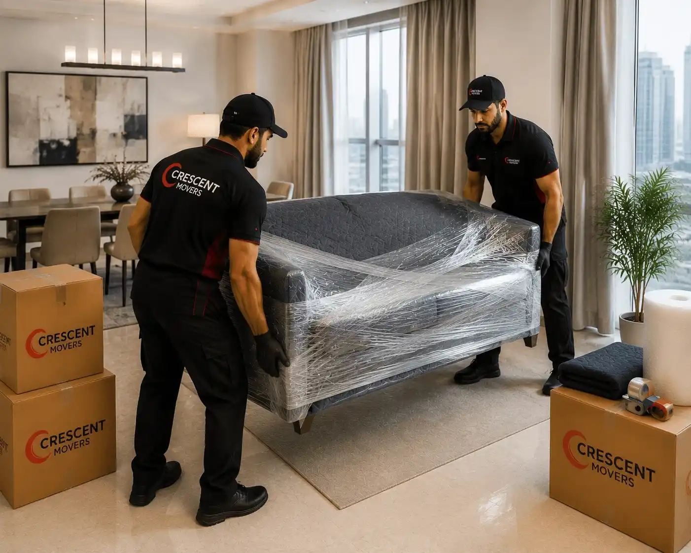 Furniture movers carefully handling wrapped furniture during a relocation in Abu Dhabi