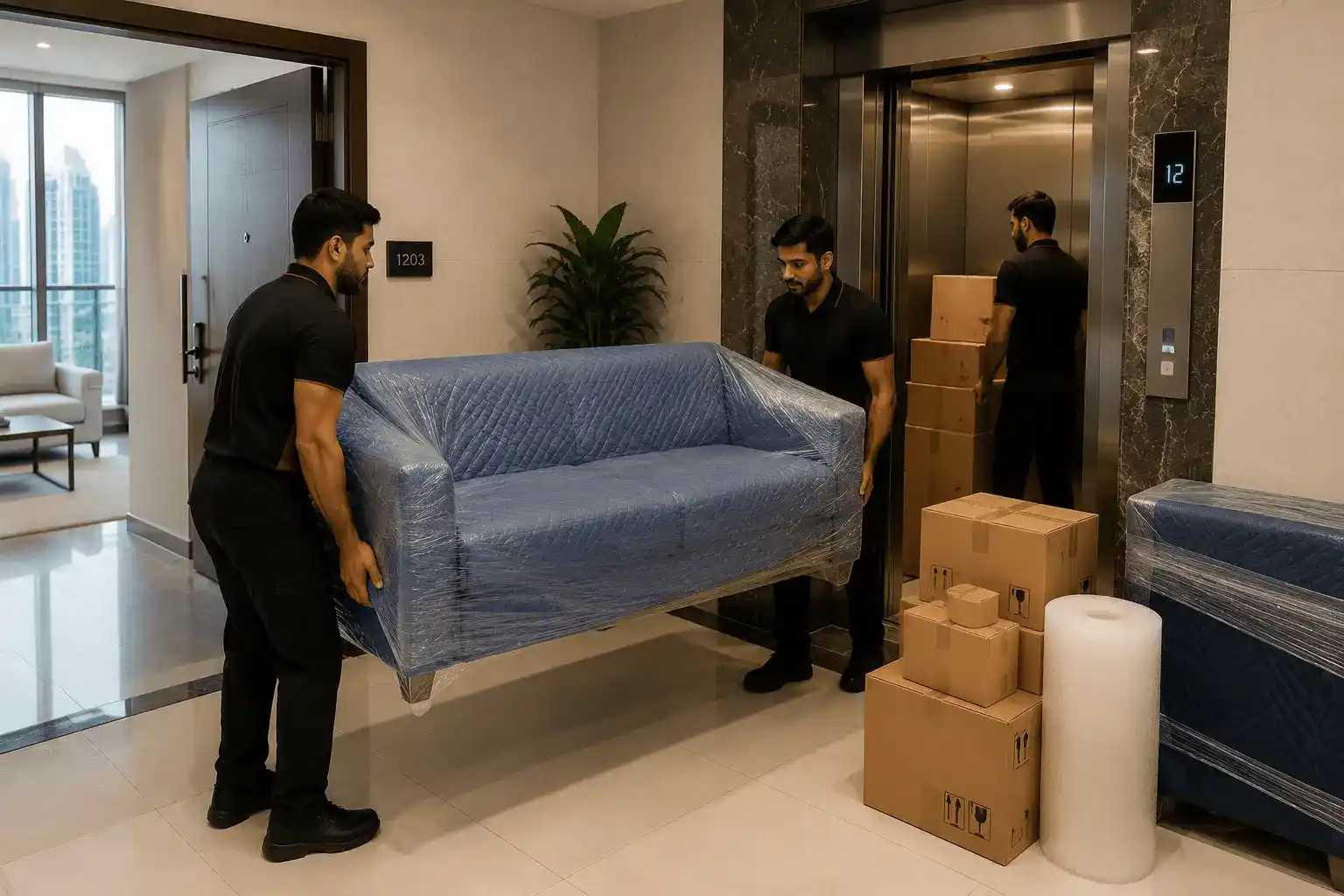 Apartment moving challenges in Abu Dhabi including elevator access and high-rise building relocation