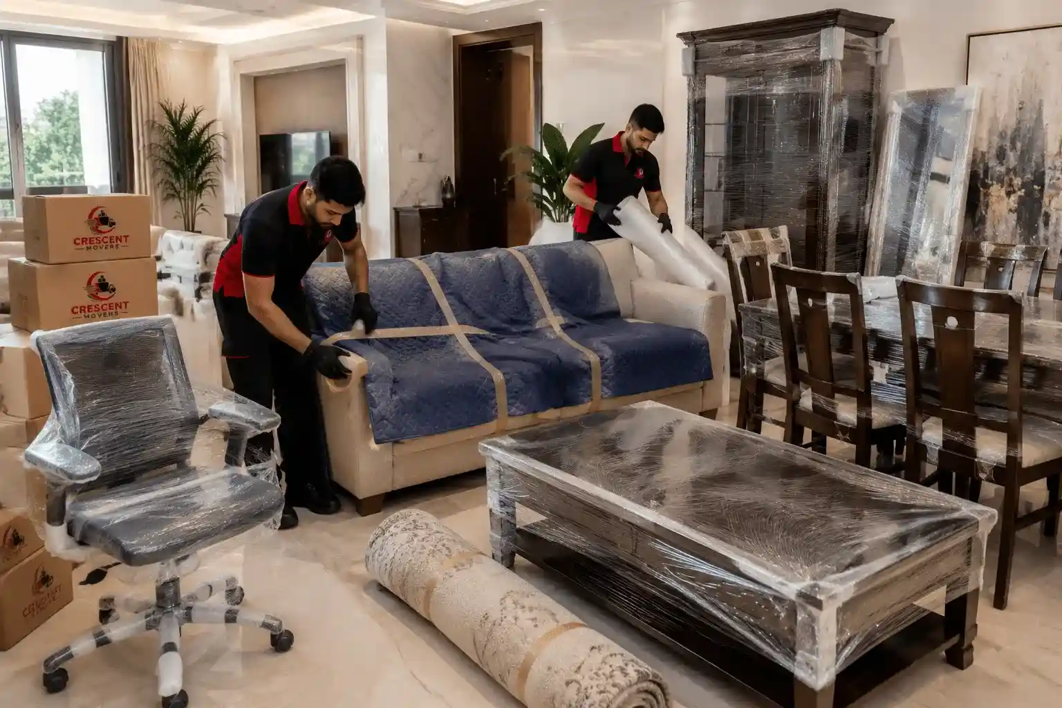 Professional team wrapping and carefully handling furniture during relocation