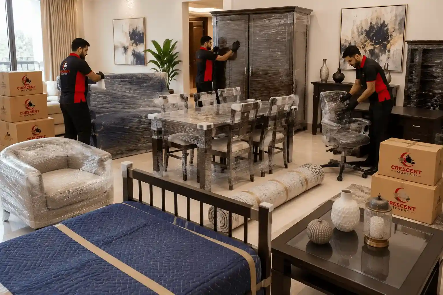 Team carefully handling sofas, beds, wardrobes and office furniture during relocation
