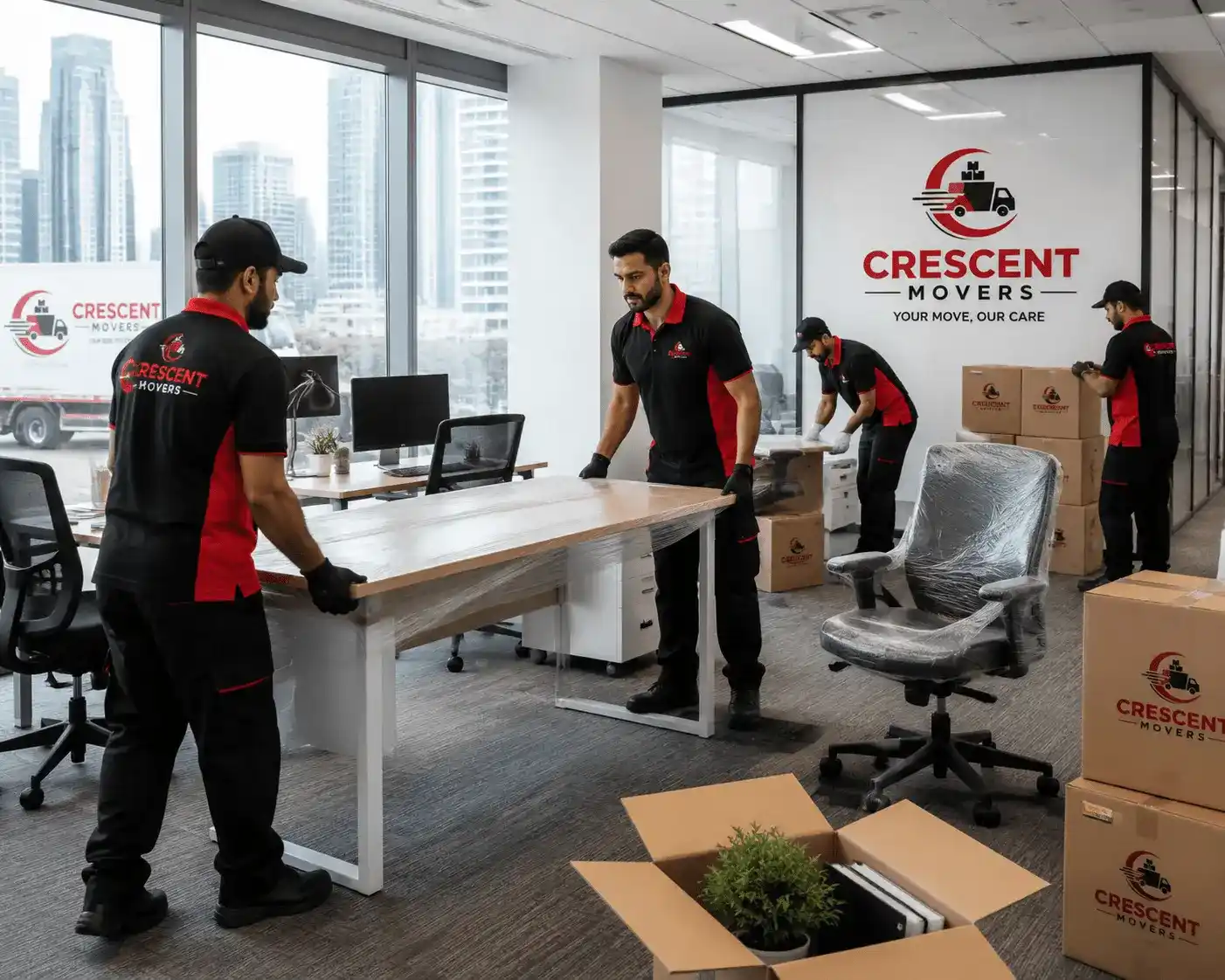 Professional team carefully handling office furniture during a workplace relocation