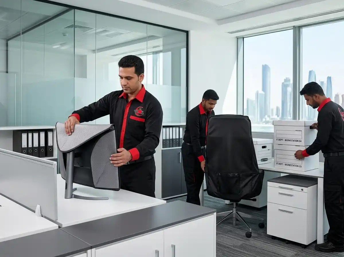 Office team protecting furniture and equipment during relocation