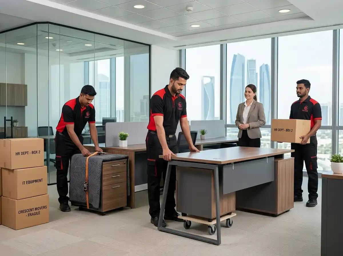 Office relocation team handling furniture and equipment in Abu Dhabi