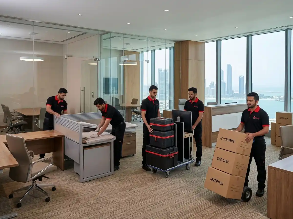 Team handling furniture and equipment during an office move