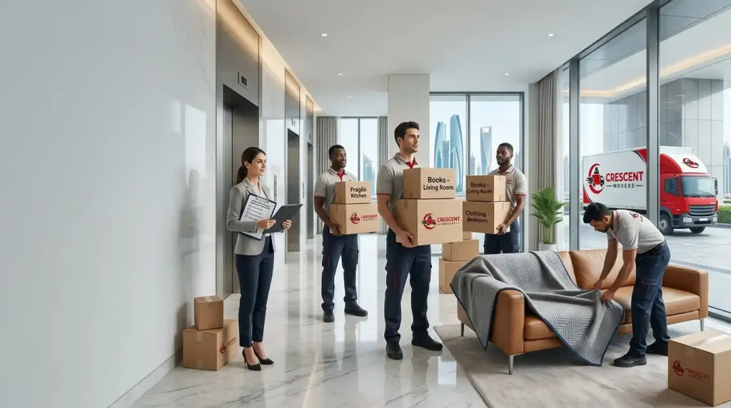 Professional apartment movers preparing a relocation checklist in a modern Abu Dhabi apartment building