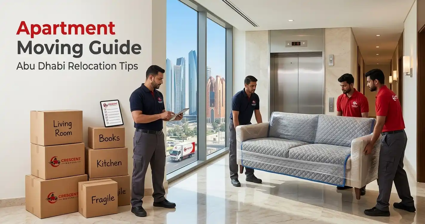 Professional apartment movers handling furniture and boxes during relocation in Abu Dhabi