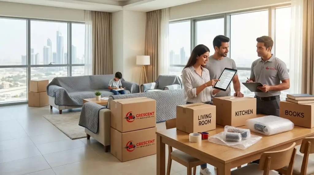 Family preparing a moving checklist before home relocation in Abu Dhabi