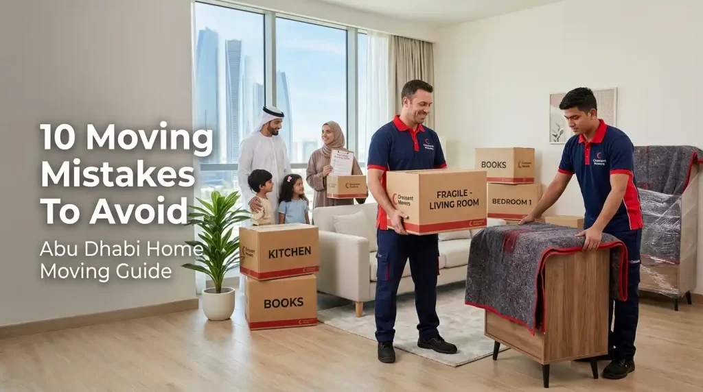 Professional movers preparing a home relocation in Abu Dhabi with moving boxes