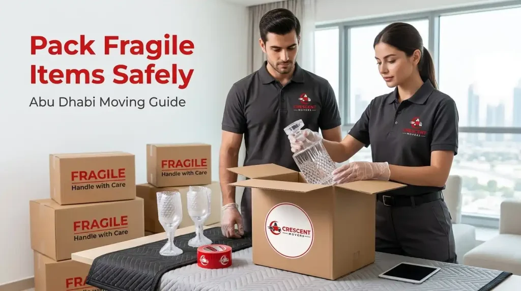 Professional movers packing fragile items safely before a home move in Abu Dhabi