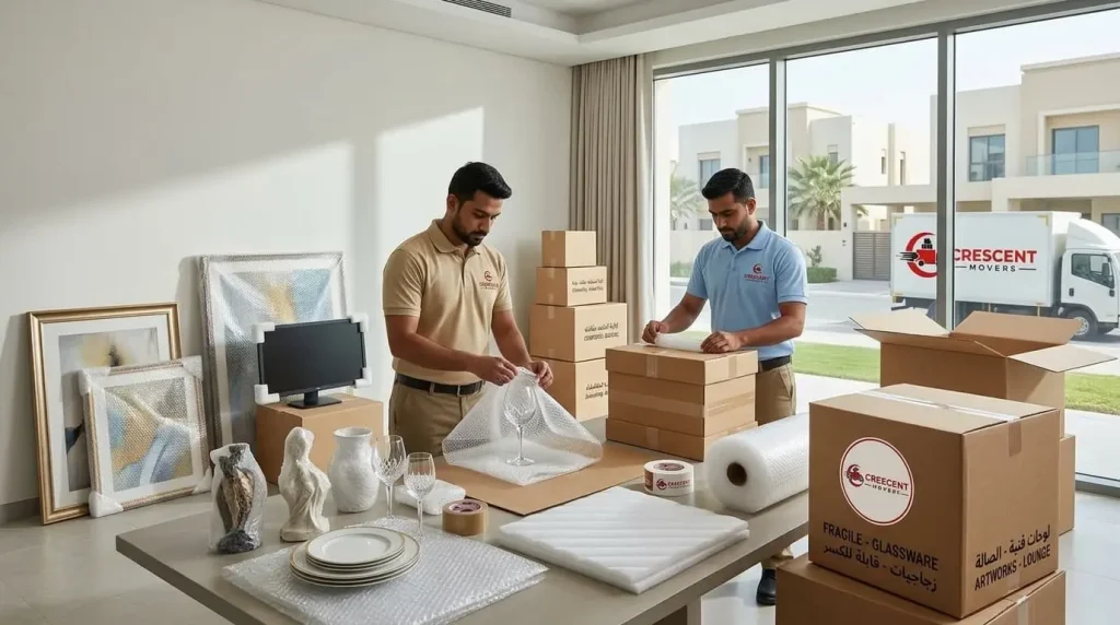 Professional packing service protecting fragile items before moving in Abu Dhabi