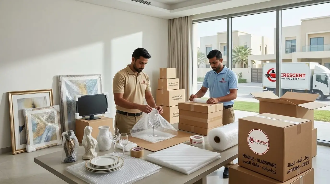 Professional packing service protecting fragile items before moving in Abu Dhabi