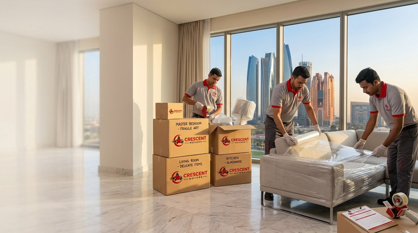 Professional packing service in Abu Dhabi with movers preparing household items for relocation