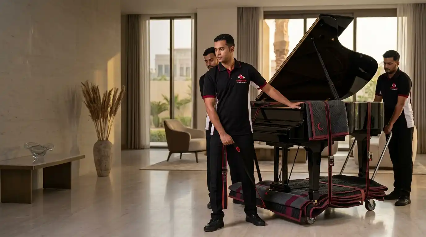 Professional piano movers safely relocating a piano in Abu Dhabi