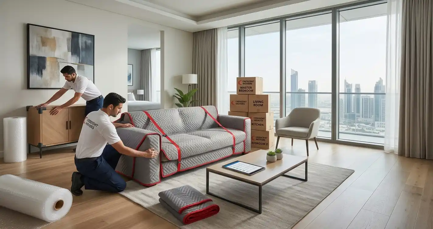 Professional movers preparing and protecting furniture before transportation in Abu Dhabi