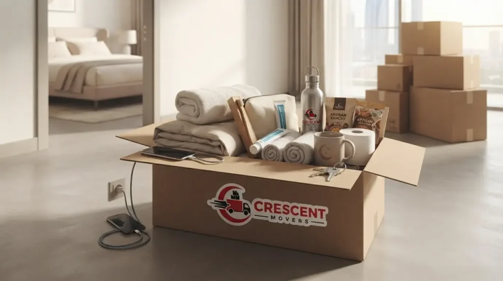 First-night essentials box with toiletries, bedding and everyday items ready for moving day