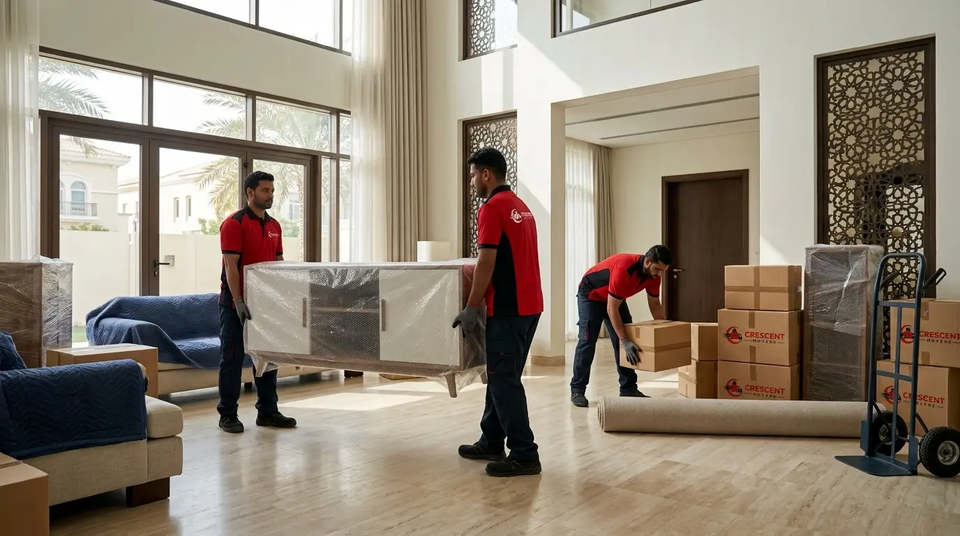 Professional movers handling furniture during a home move in Abu Dhabi