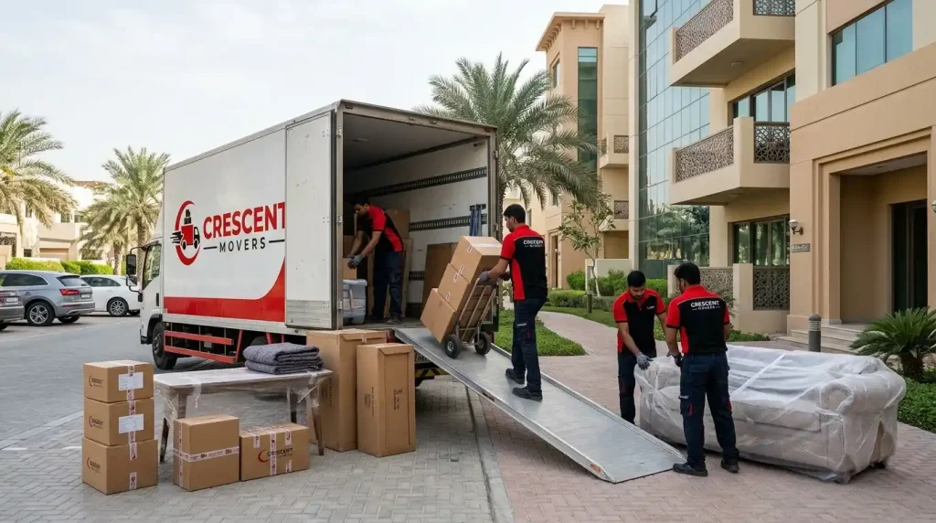 Moving truck being loaded with furniture and boxes in Abu Dhabi