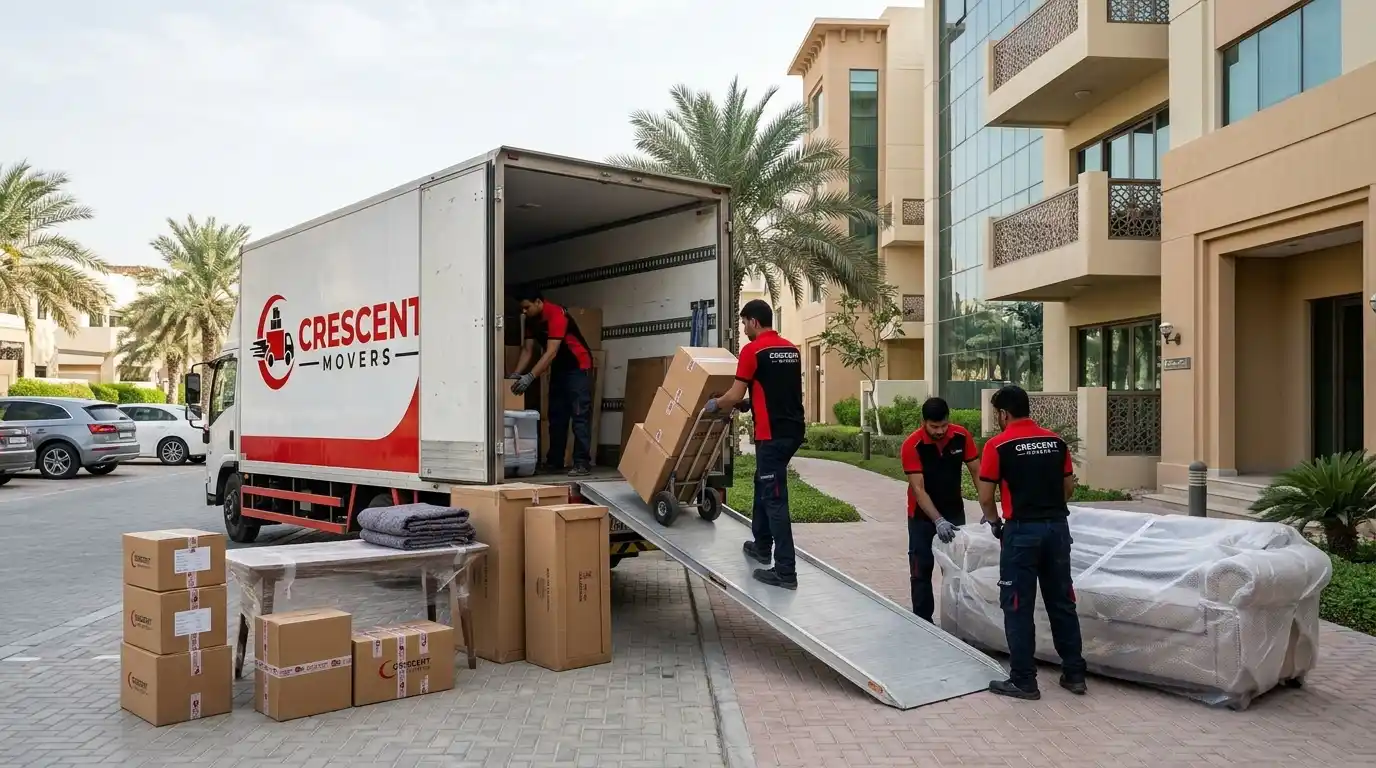 Moving truck being loaded with furniture and boxes in Abu Dhabi