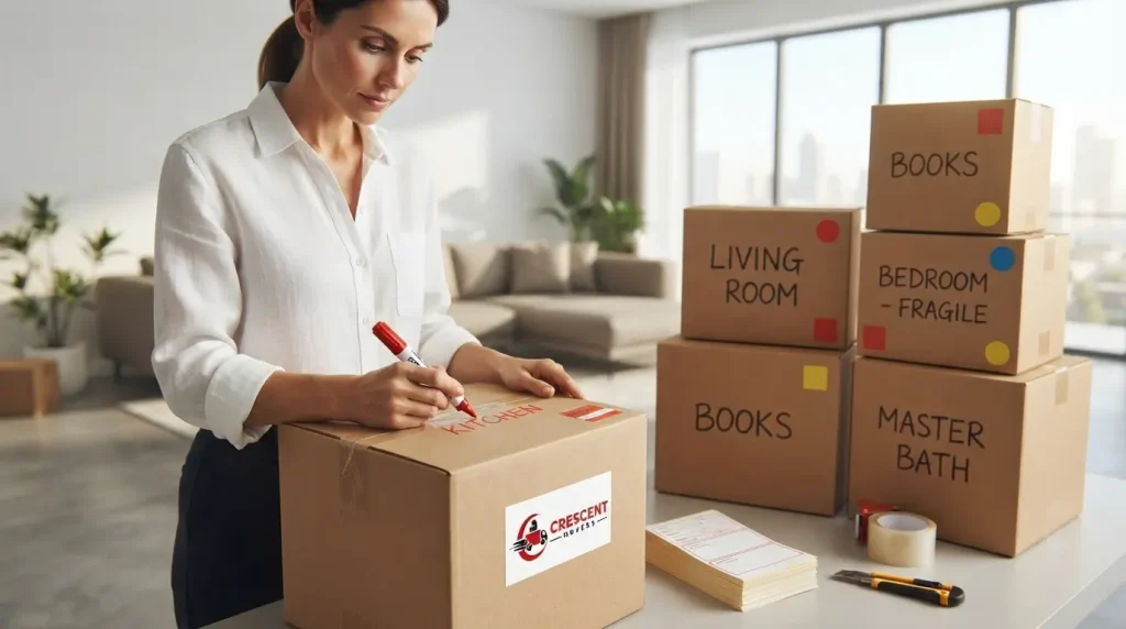 Moving boxes labelled by room during home relocation.