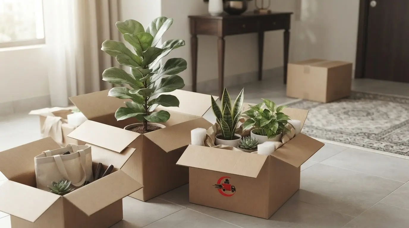 Indoor potted plants secured in boxes ready for a house move.