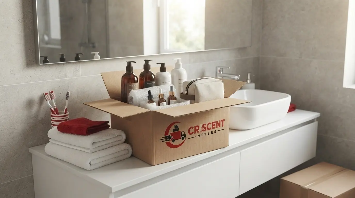 Bathroom toiletries, towels and personal-care items organized for packing before a move