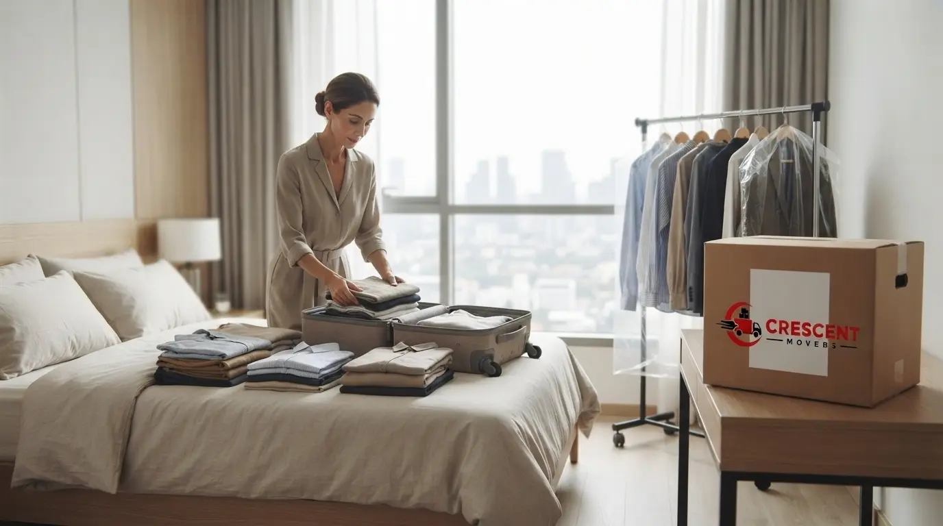 Folded clothes, a suitcase and hanging garments prepared for a house move
