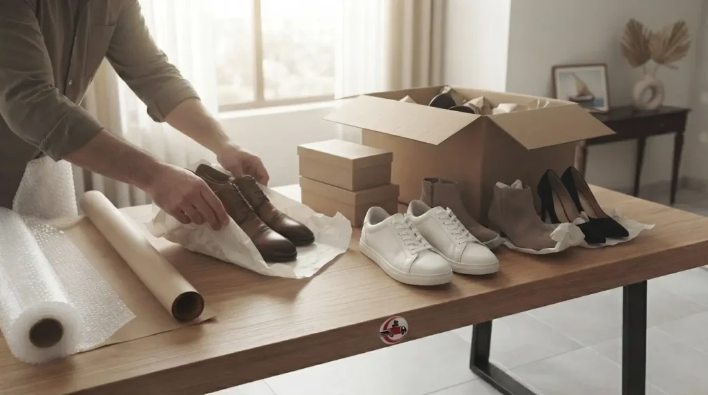Different types of shoes being wrapped and organized in a moving box