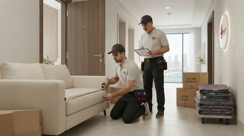 Movers measuring a sofa near an apartment doorway before relocation.