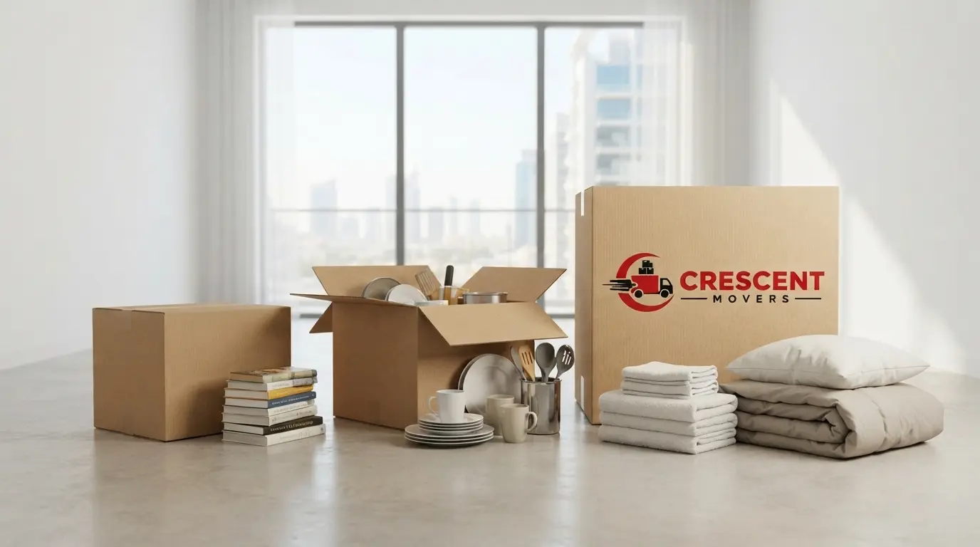 Small, medium and large moving boxes arranged with books, kitchen items and bedding