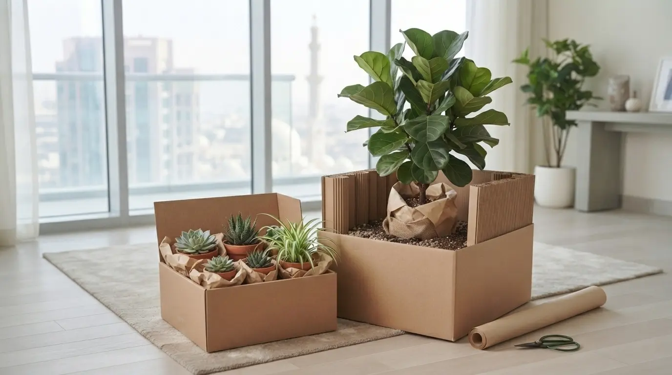 Houseplants secured upright in crates before a home move.