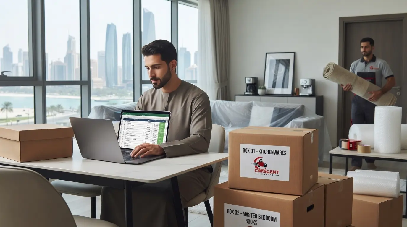 Homeowner creating a moving inventory beside numbered boxes before relocation