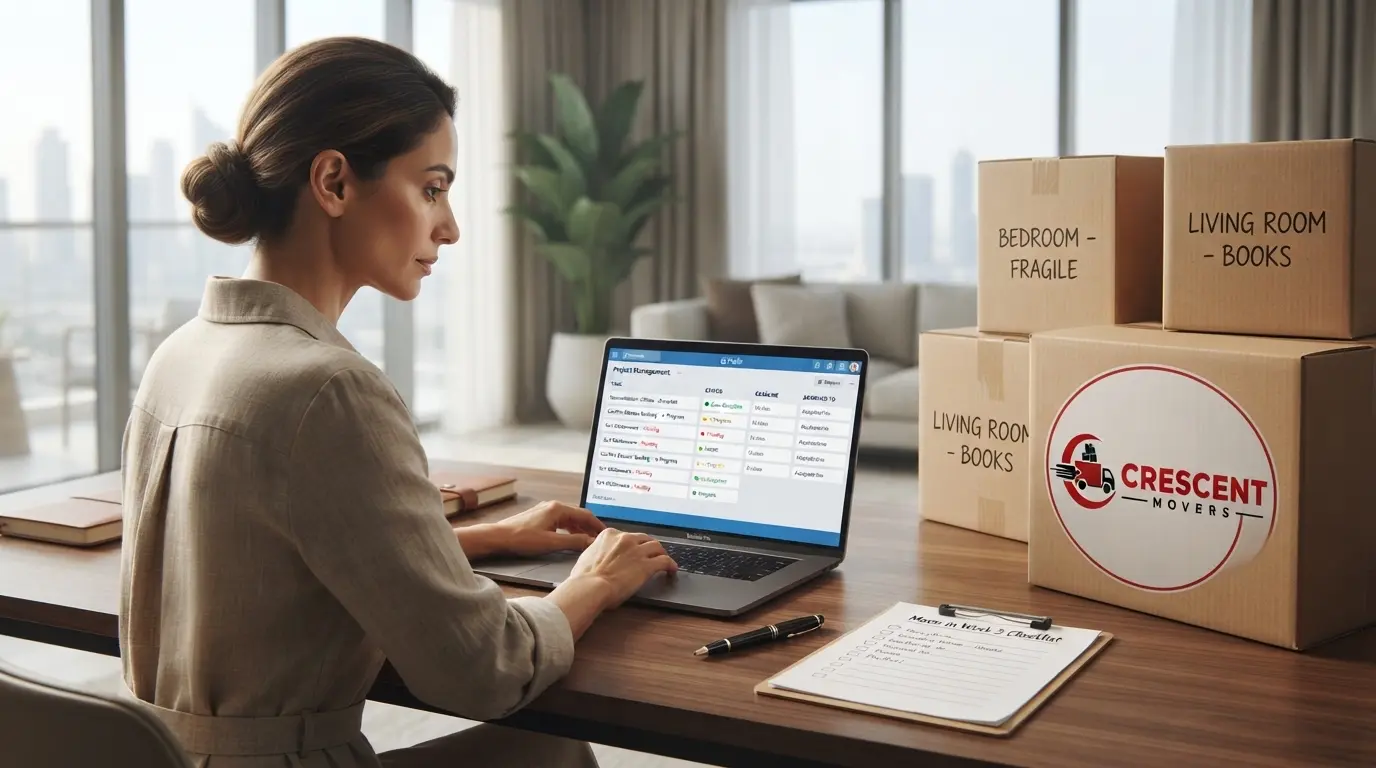 Person organizing moving tasks using a laptop and paper checklist.