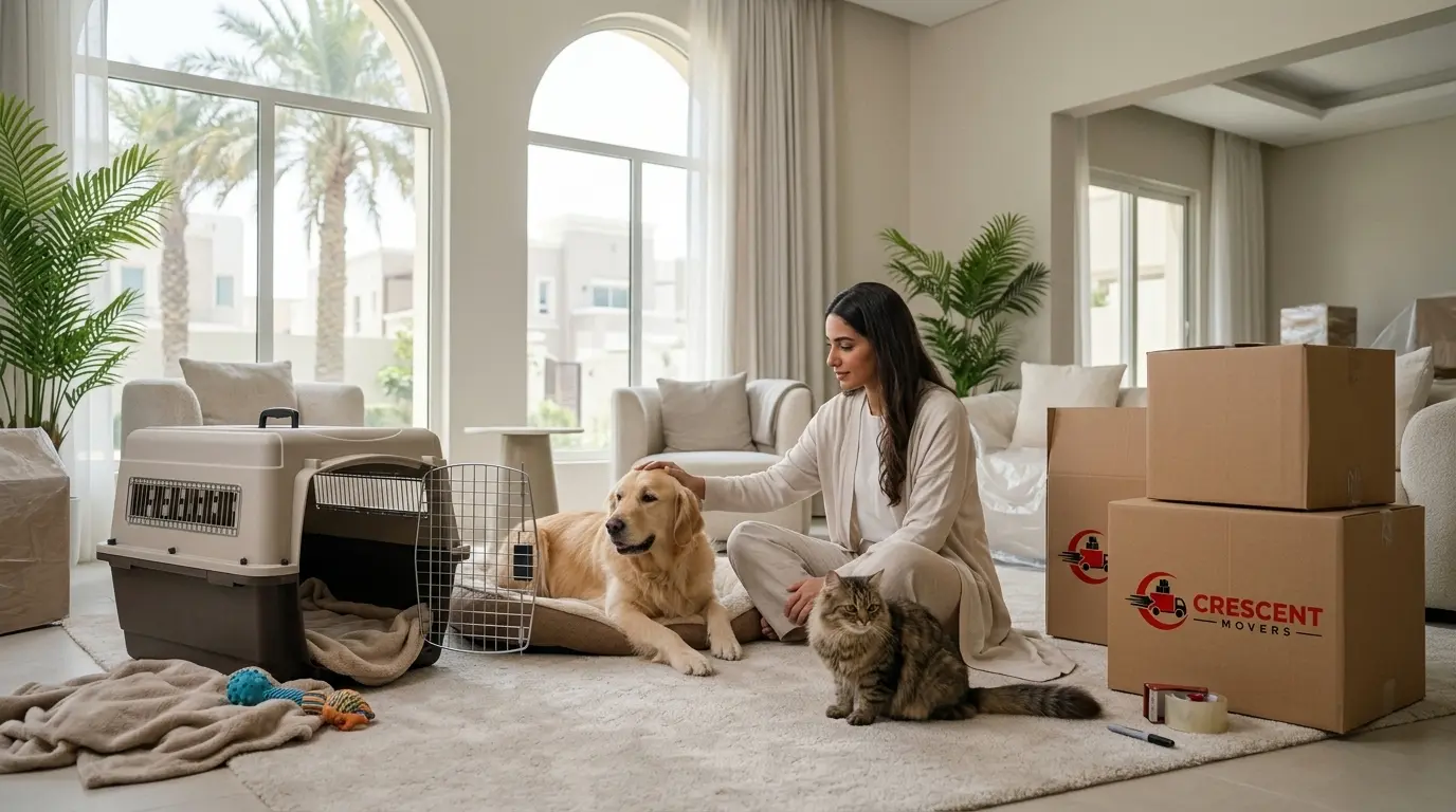 A dog and cat with their owner beside pet supplies and moving boxes