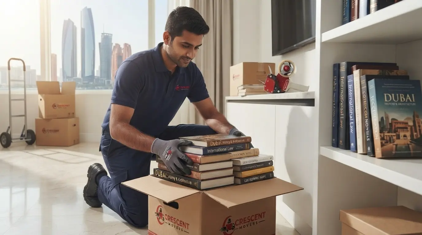 Books being packed into a small moving box to keep the weight manageable