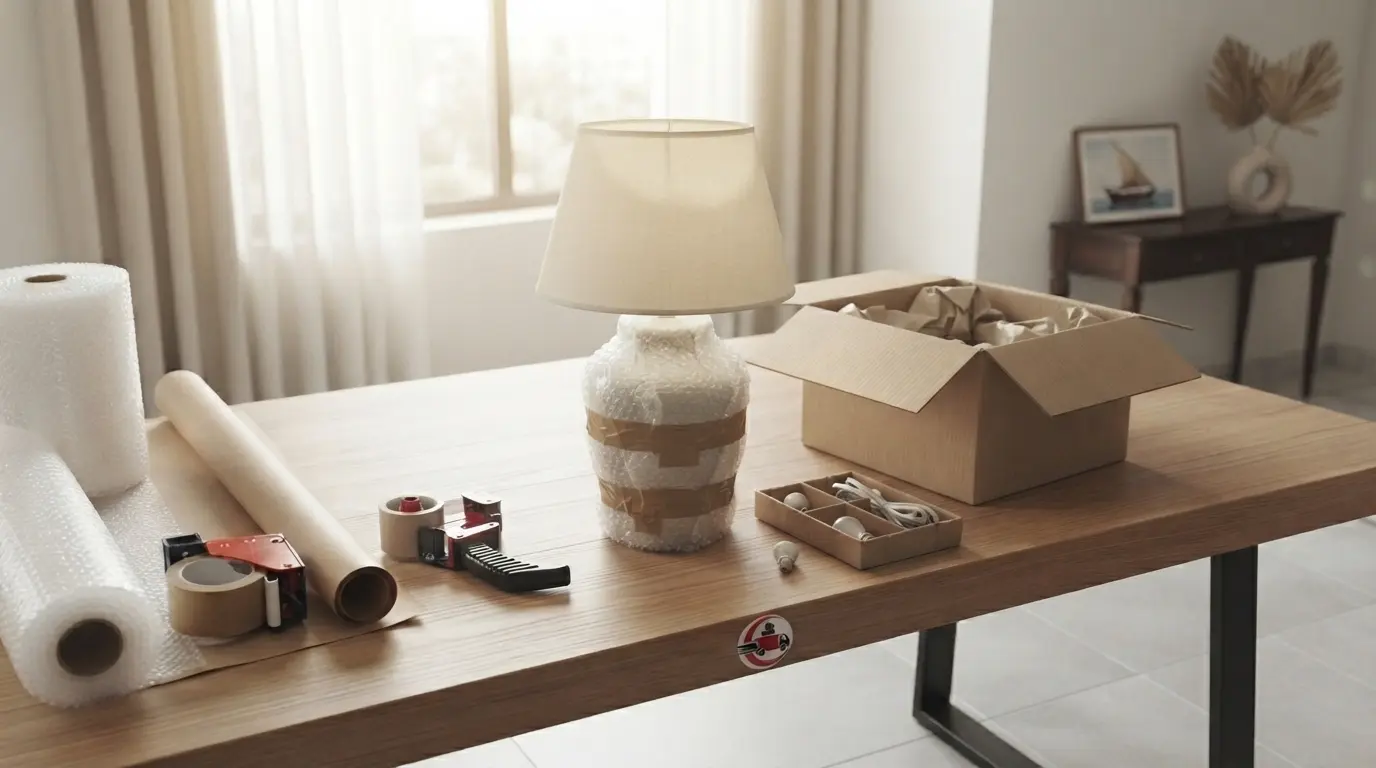 Lamp base and lampshade protected with packing materials for moving