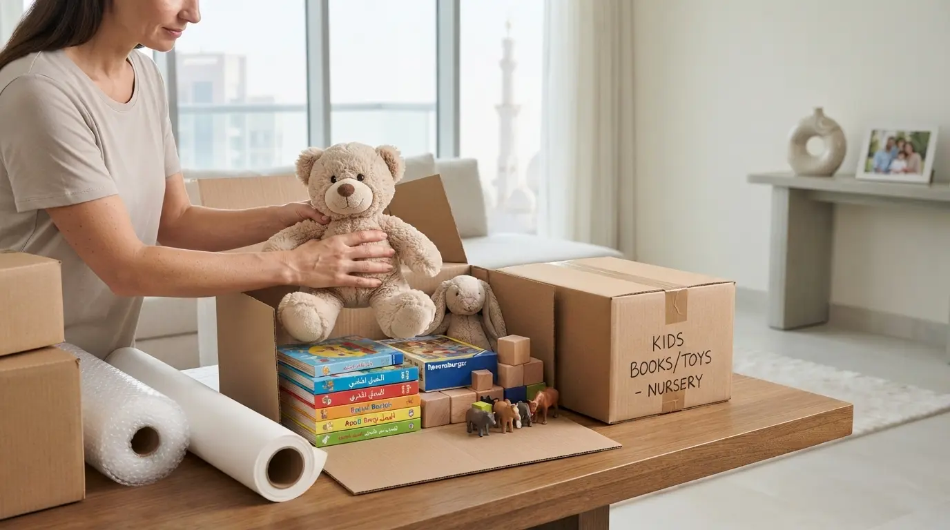 Toys, children's books and belongings organized for packing before a move