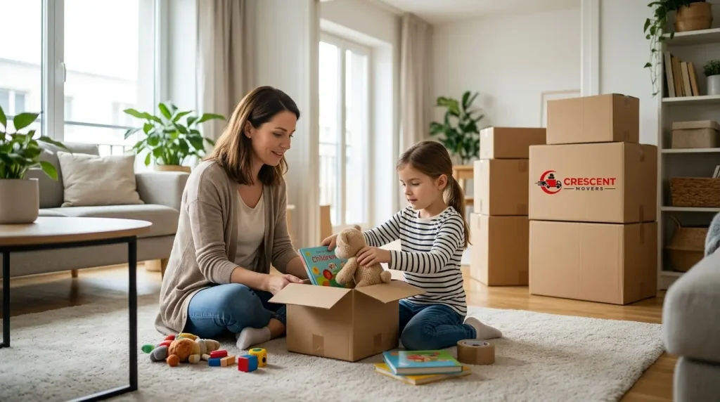 Parent helping a child pack toys before moving to a new home.