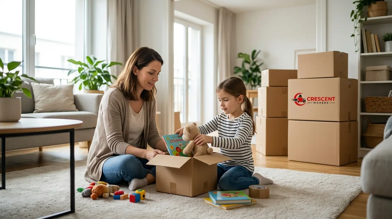Parent helping a child pack toys before moving to a new home.