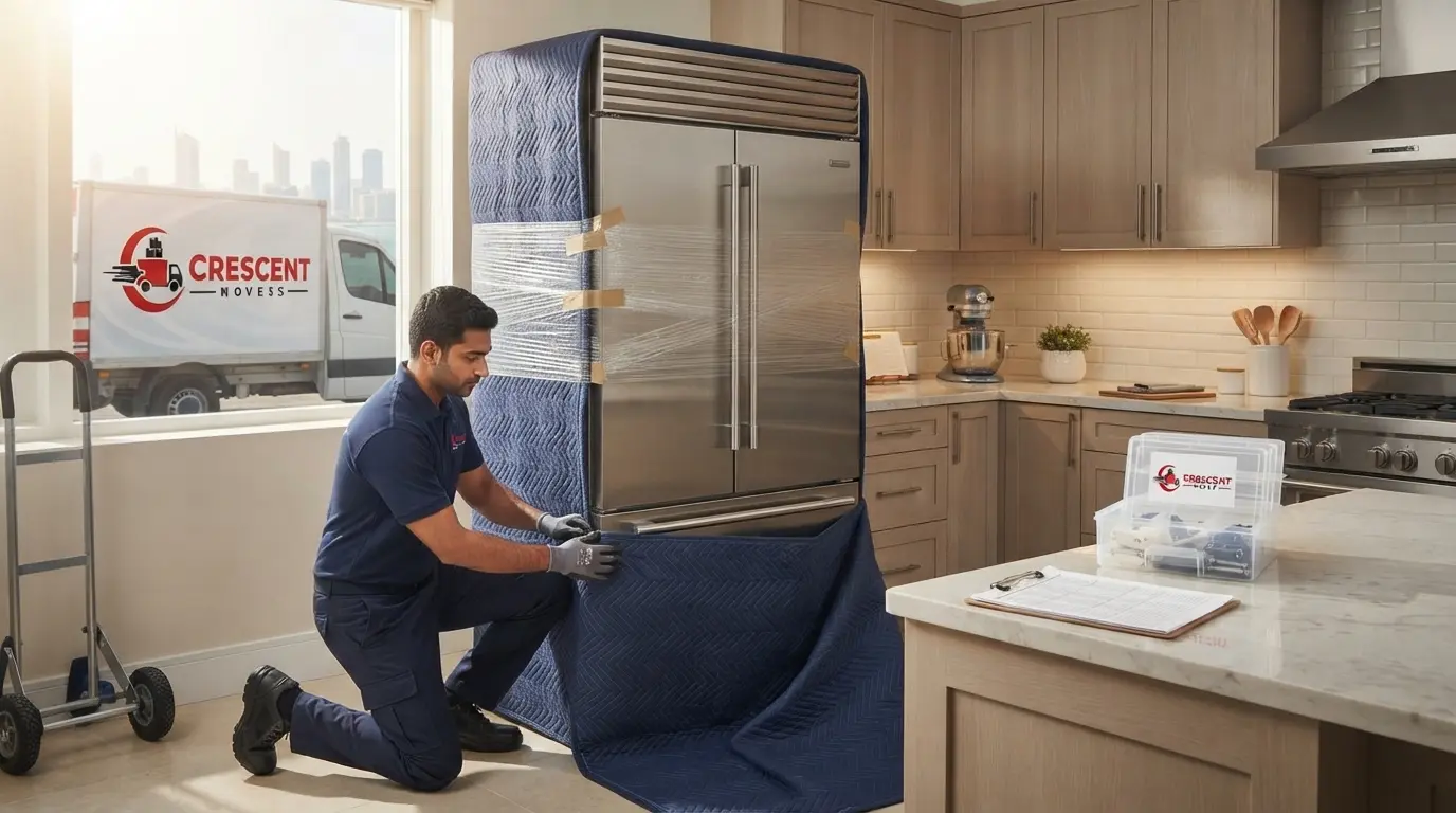 Technician preparing a refrigerator for relocation in a modern kitchen.