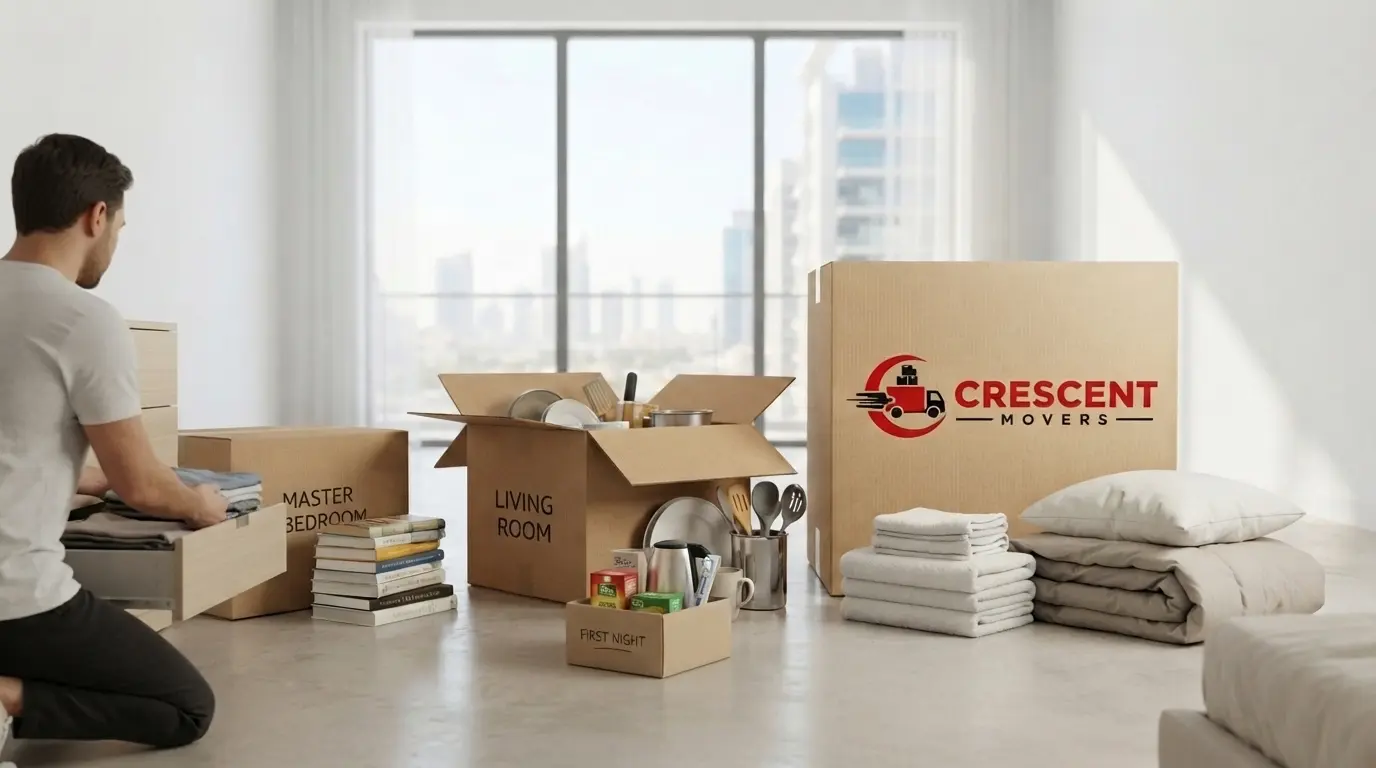 Organised moving boxes and household essentials being unpacked in a new home